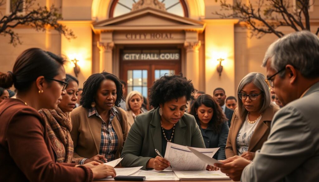 A bustling city hall, its façade bathed in warm, golden light, stands as the backdrop. In the foreground, a group of community advocates engaged in animated discussion, their expressions determined and resolute. They huddle around a table, poring over documents and maps, strategizing ways to enact policy changes that will benefit their local neighborhood. The middle ground features city council members, their faces etched with contemplation, as they listen intently to the advocates' proposals. The scene is infused with a sense of urgency and collaboration, capturing the essence of grassroots advocacy in action, poised to drive meaningful change within the local government.