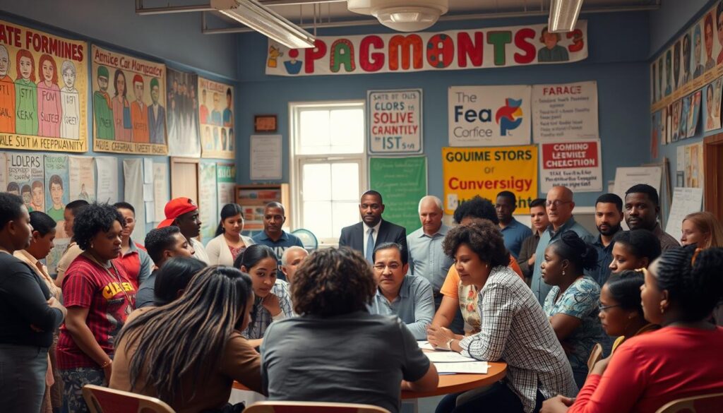 A bustling community center, its walls adorned with vibrant murals and banners showcasing diverse community groups. In the foreground, a group of people from various backgrounds huddle around a table, their expressions engaged as they discuss plans and strategies. Behind them, state officials and local advocates stand side by side, collaborating to build a coalition that amplifies the voices of the community. Soft, warm lighting filters through the windows, casting a sense of unity and progress. The scene is captured with a wide-angle lens, emphasizing the collaborative nature of the partnership and the shared commitment to advocacy.