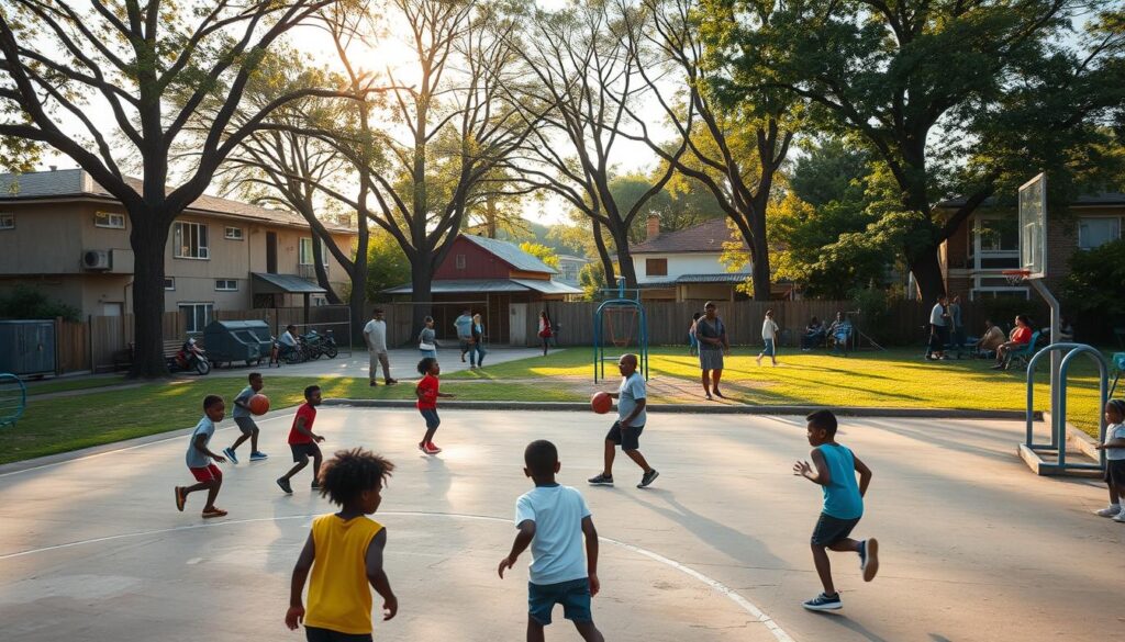 A bustling community park nestled in an underserved urban neighborhood. In the foreground, a vibrant grassroots sports program in action - children playing a lively game of pickup basketball on a well-worn but lovingly maintained court. The middle ground features a simple but functional set of exercise equipment, utilized by local residents of all ages seeking to stay active. In the background, a patchwork of makeshift structures and repurposed materials forms a unique DIY sports infrastructure, a testament to the resourcefulness and determination of the community. Warm, golden light filters through the trees, casting a hopeful glow over the scene. This image captures the resilience and community spirit that flourishes in the face of limited resources and major barriers. A bustling community park nestled in an underserved urban neighborhood. In the foreground, a vibrant grassroots sports program in action - children playing a lively game of pickup basketball on a well-worn but lovingly maintained court. The middle ground features a simple but functional set of exercise equipment, utilized by local residents of all ages seeking to stay active. In the background, a patchwork of makeshift structures and repurposed materials forms a unique DIY sports infrastructure, a testament to the resourcefulness and determination of the community. Warm, golden light filters through the trees, casting a hopeful glow over the scene. This image captures the resilience and community spirit that flourishes in the face of limited resources and major barriers.
