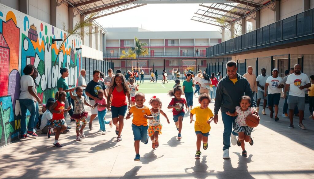 A bustling community sports center, with a diverse group of people engaged in various activities. In the foreground, a public-private partnership is evident - a vibrant mural showcases the collaborative effort between local government, businesses, and community organizations. The middle ground features families playing together, children laughing and running, while coaches and volunteers oversee the activities. In the background, a modern, well-equipped sports facility stands tall, a testament to the successful partnership that has enabled the community to thrive. The scene is bathed in warm, natural lighting, capturing the spirit of togetherness and inclusivity that embodies the essence of community sports.
