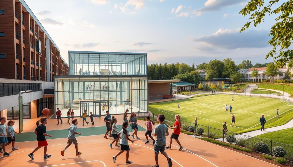A bustling community sports complex stands tall, showcasing a variety of facilities. In the foreground, a group of children enthusiastically engage in a friendly game of basketball on a well-lit outdoor court. The middle ground features a state-of-the-art indoor gymnasium, its glass walls allowing natural light to flood the space, where athletes practice various sports. In the background, a modern multi-purpose field hosts a soccer match, surrounded by lush greenery and well-maintained walking trails. The scene exudes a sense of vibrant energy and community, capturing the spirit of active, accessible, and inclusive sports infrastructure that empowers individuals and brings people together.
