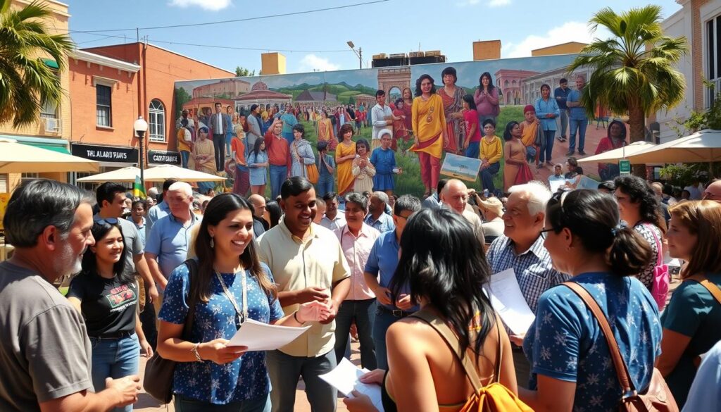 A bustling town square, sun-drenched and alive with the energy of a community in action. In the foreground, a group of passionate citizens animatedly discussing plans, papers in hand, their faces alight with determination. In the middle ground, local leaders stand together, hands clasped, radiating a sense of unity and purpose. In the background, a vibrant mural depicting scenes of grassroots advocacy victories, a testament to the power of collective action. The atmosphere is one of optimism and camaraderie, capturing the essence of grassroots advocacy success stories unfolding before the viewer's eyes.