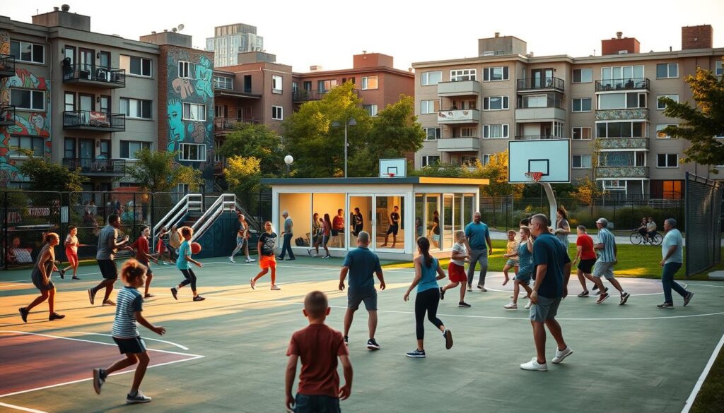 A bustling urban community park, with a well-maintained sports court in the foreground. Diverse groups of people, from children to seniors, engaged in lively games of basketball, their energetic movements captured in crisp detail. The middle ground features a small, well-equipped gym facility, its windows allowing glimpses of residents working out. In the background, a mix of residential and commercial buildings, their facades adorned with vibrant murals and community-driven artwork, creating a sense of local pride and ownership. Warm, golden lighting filters through, lending a welcoming, community-centric atmosphere to the scene.