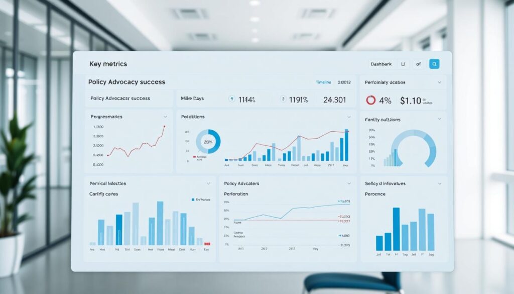 A clean, modern dashboard display showcasing key metrics and performance indicators related to policy advocacy success. The foreground features a crisp, minimal interface with interactive charts, graphs, and data visualizations tracking various milestones and outcomes. The middle ground includes visual cues like progress bars, timeline infographics, and data comparisons. The background has a slightly blurred, professional office setting with clean lines, natural lighting, and a subtle color palette of blues, grays, and whites. The overall impression is one of data-driven clarity, strategic focus, and measured progress in policy advocacy efforts.