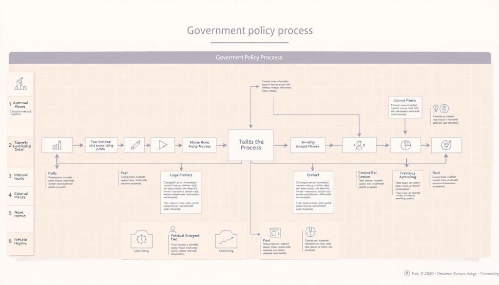A detailed, step-by-step policy process flowchart, visualizing the key stages and decision points of government policymaking. The foreground depicts a central flow diagram, with distinct phases connected by directional arrows. The middle ground shows supporting icons, symbols, and infographic elements that elucidate each step. The background features a subtle grid pattern, conveying the structured, methodical nature of the process. Warm, muted tones create a professional, authoritative atmosphere, while clean lines and minimalist design prioritize clarity and legibility. Captured with a wide-angle lens to provide a comprehensive overview, under soft, diffused lighting that evenly illuminates the entire scene.
