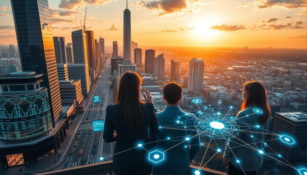 A dynamic cityscape with modern skyscrapers and bustling streets, bathed in warm, golden light from the setting sun. In the foreground, a team of professionals engaged in a lively discussion, gesticulating and reviewing data on various digital screens and holographic displays. The middle ground showcases a network of interconnected data streams and financial flows, visualized as glowing lines and geometric shapes. In the background, a panoramic view of the urban landscape, conveying a sense of scale, progress, and the leveraging of resources to drive community development.