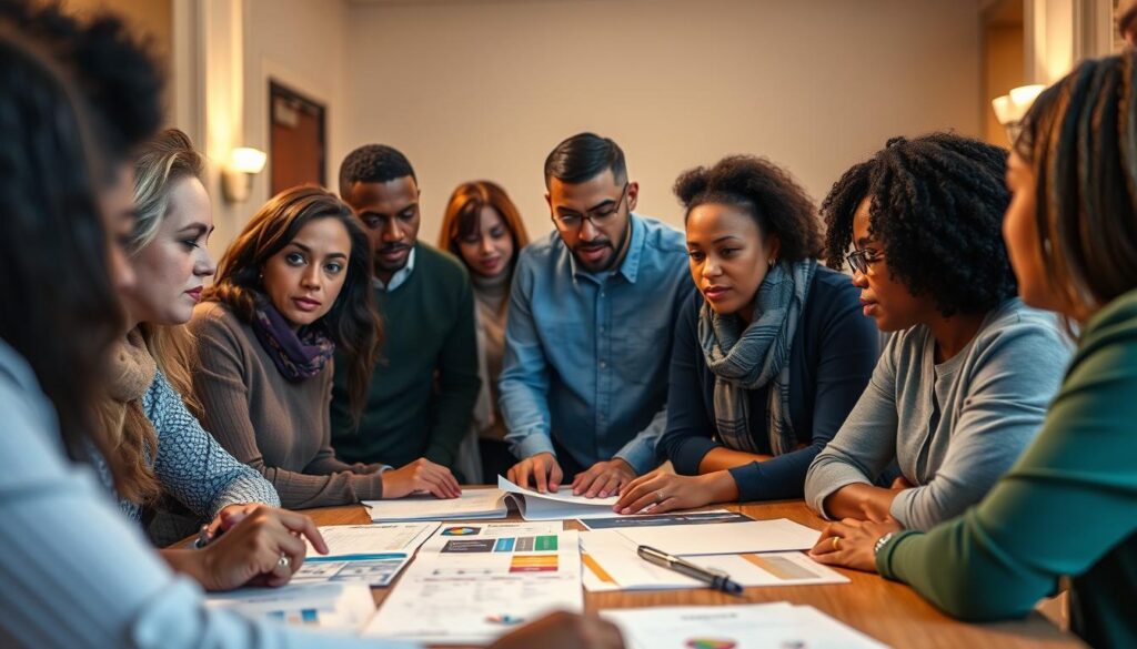 A group of diverse individuals gathered around a table, engaged in a lively discussion. In the foreground, their faces are lit by a warm, focused light, conveying a sense of intensity and purpose. The middle ground features a variety of research materials, including charts, graphs, and documents, suggesting a collaborative effort to understand the complexities of advocacy strategies. The background is slightly blurred, hinting at a larger context, perhaps a community setting or a government building, where these discussions take place. The overall atmosphere is one of thoughtful deliberation, with an undercurrent of determination to drive positive change.