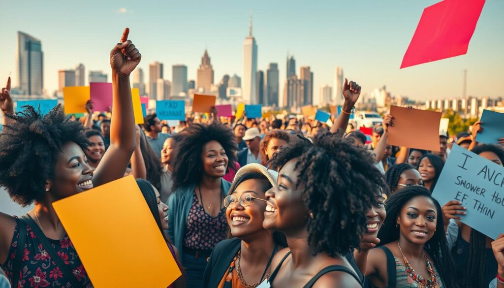 A lively gathering of diverse community members, animated in their advocacy efforts. In the foreground, a group of passionate individuals raising colorful banners and signs, their faces alight with determination. In the middle ground, a tapestry of people from all walks of life, joining their voices in a chorus of collective empowerment. The background depicts a vibrant urban landscape, with skyscrapers and bustling streets, symbolizing the far-reaching impact of their advocacy. Warm lighting casts a hopeful glow, and the composition captures a sense of unity, resilience, and the triumph of grassroots storytelling. A lively gathering of diverse community members, animated in their advocacy efforts. In the foreground, a group of passionate individuals raising colorful banners and signs, their faces alight with determination. In the middle ground, a tapestry of people from all walks of life, joining their voices in a chorus of collective empowerment. The background depicts a vibrant urban landscape, with skyscrapers and bustling streets, symbolizing the far-reaching impact of their advocacy. Warm lighting casts a hopeful glow, and the composition captures a sense of unity, resilience, and the triumph of grassroots storytelling.