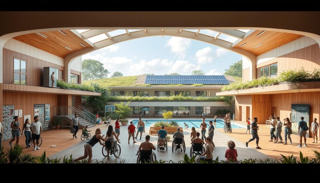 A modern, inclusive sports facility nestled in a lush, sustainable landscape. In the foreground, a diverse group of people of all ages and abilities engage in various athletic activities - wheelchair basketball, rock climbing, swimming. The facility features accessible design elements like ramps, wide doorways, and adaptive equipment. The middle ground showcases a central atrium with natural lighting, potted plants, and seating areas. In the background, a green roof and solar panels blend the building seamlessly into the surrounding environment, reflecting a commitment to climate action. The scene exudes a sense of community, inclusivity, and environmental consciousness.