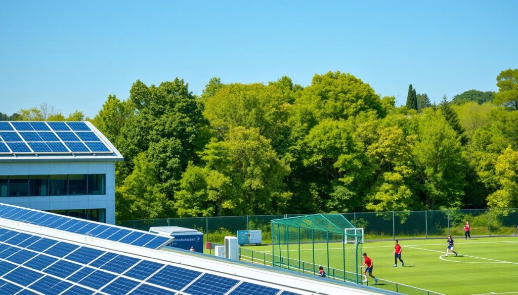 A modern sports facility set against a backdrop of lush green trees and a clear blue sky. In the foreground, solar panels cover the rooftops, harnessing renewable energy to power the complex. Sleek electric vehicle charging stations are positioned prominently, encouraging eco-friendly transportation. The facility's facade features large windows, allowing natural light to flood the interior spaces. Signage highlights the venue's commitment to sustainability, with educational displays outlining its climate action strategies. A group of athletes practice on the well-maintained playing fields, exemplifying the facility's role in promoting healthy, environmentally conscious communities.