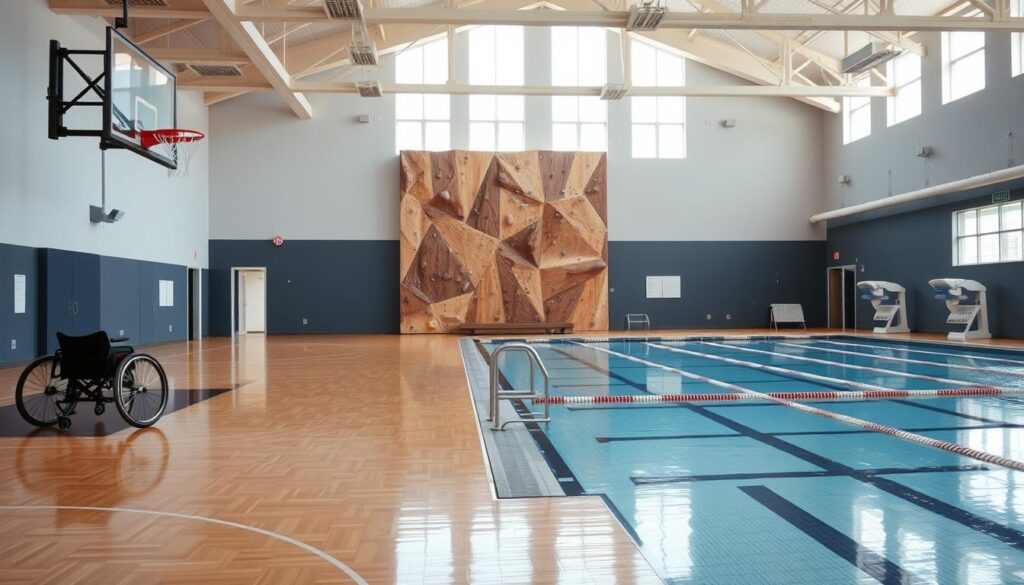 A spacious, well-lit indoor sports complex with gleaming hardwood floors and modern accessibility features. In the foreground, a wheelchair-accessible basketball court with adjustable hoops. In the middle ground, a rock-climbing wall with secure handholds and a ramp for easy access. The background showcases a state-of-the-art swimming pool with pool lifts and wide, gently sloping entry points. Natural light floods the space through large windows, creating a warm, inviting atmosphere. The overall scene conveys a sense of inclusivity, empowering athletes of all abilities to participate in a variety of sports.