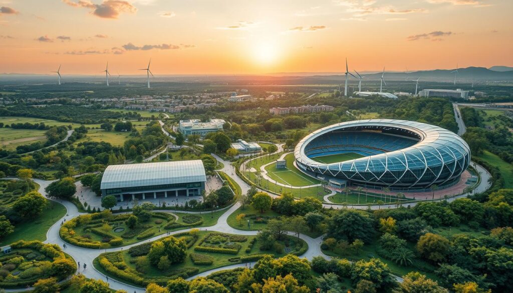 A sprawling, sustainable sports complex nestled in a lush, verdant landscape. The foreground features a state-of-the-art, solar-powered stadium with a sleek, modern design and integrated green roof. In the middle ground, a network of walking and cycling paths wind through meticulously landscaped gardens, dotted with rain gardens and native flora. The background showcases a scenic skyline, bathed in golden hour lighting, with towering wind turbines generating clean energy. The overall atmosphere exudes a sense of environmental harmony and community pride, showcasing how eco-friendly stadiums can be successful, inspiring examples of sustainable development.