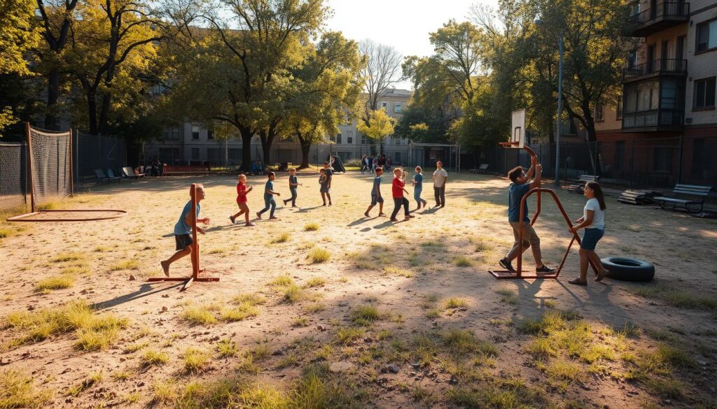 A sun-dappled urban field, its worn grass and dirt patches a testament to years of community use. Rusted goal posts and a makeshift basketball hoop stand as relics of past sports play. In the foreground, children and teenagers engage in an impromptu pickup game, their laughter and shouts echoing across the space. The middle ground reveals a motley collection of benches, repurposed tires, and scattered equipment - the grassroots infrastructure that sustains this vital neighborhood hub. Framing the scene, a weathered chain-link fence leads the eye to the surrounding buildings, their faded facades hinting at the resilience of this inner-city community. Warm, golden light filters through the trees, imbuing the scene with a sense of hope and possibility.