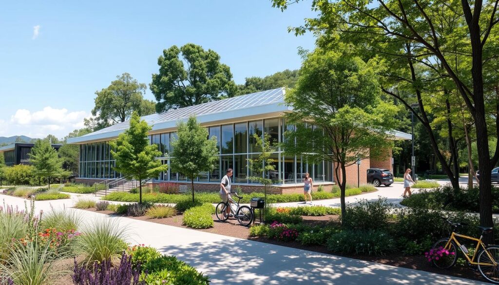 A sustainable recreation facility nestled amidst lush greenery, its modern architecture seamlessly blending with the natural surroundings. The building features expansive windows, allowing natural light to flood the interiors, reducing the need for artificial lighting. Solar panels adorn the rooftop, harnessing renewable energy to power the facility. Permeable surfaces and strategically placed vegetation help manage stormwater runoff, promoting water conservation. Bicycles and electric vehicles find ample parking, encouraging eco-friendly transportation. The facility's design incorporates energy-efficient systems, waste management solutions, and sustainable materials, showcasing a commitment to environmental responsibility. Wide, accessible pathways invite visitors to explore the grounds, surrounded by vibrant flora and fauna, creating a serene and rejuvenating atmosphere.