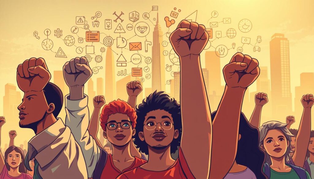 A thoughtful analysis of advocacy triumphs, captured in a dynamic digital illustration. In the foreground, a group of diverse individuals raise their fists in a powerful display of unity and determination. Their expressions convey a sense of resolve and collective action. In the middle ground, a tapestry of interconnected icons and symbols representing the various causes and movements they champion. The background features a cityscape with towering skyscrapers, symbolic of the large-scale impact of grassroots efforts. Warm, golden lighting casts a hopeful glow, evoking a sense of progress and societal transformation. Captured with a wide-angle lens to emphasize the grand scale and interconnectedness of these advocacy triumphs. A thoughtful analysis of advocacy triumphs, captured in a dynamic digital illustration. In the foreground, a group of diverse individuals raise their fists in a powerful display of unity and determination. Their expressions convey a sense of resolve and collective action. In the middle ground, a tapestry of interconnected icons and symbols representing the various causes and movements they champion. The background features a cityscape with towering skyscrapers, symbolic of the large-scale impact of grassroots efforts. Warm, golden lighting casts a hopeful glow, evoking a sense of progress and societal transformation. Captured with a wide-angle lens to emphasize the grand scale and interconnectedness of these advocacy triumphs.