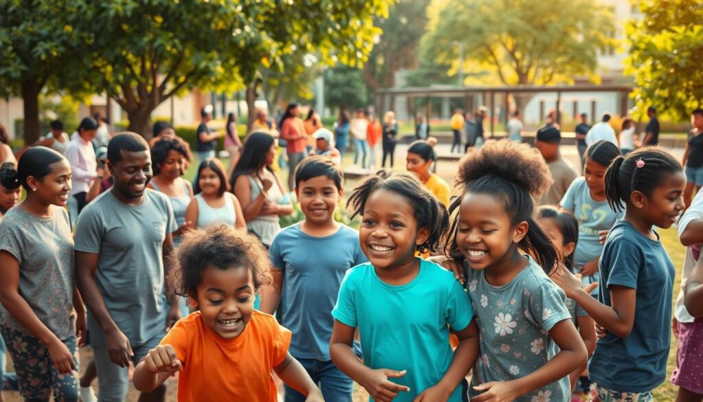 A vibrant and diverse community gathering, with people of all ages and backgrounds engaged in activities that promote physical, mental, and social well-being. The foreground features a group of children playing together, their laughter and joy radiating outward. In the middle ground, adults participate in exercise classes, community gardens, and educational workshops, highlighting the holistic approach to health equity. The background depicts a lush, welcoming public space with trees, benches, and a sense of togetherness and belonging. Warm, diffused lighting casts a sense of optimism, while the composition captures the interconnectedness of the community, working together to create a healthier, more inclusive environment. A vibrant and diverse community gathering, with people of all ages and backgrounds engaged in activities that promote physical, mental, and social well-being. The foreground features a group of children playing together, their laughter and joy radiating outward. In the middle ground, adults participate in exercise classes, community gardens, and educational workshops, highlighting the holistic approach to health equity. The background depicts a lush, welcoming public space with trees, benches, and a sense of togetherness and belonging. Warm, diffused lighting casts a sense of optimism, while the composition captures the interconnectedness of the community, working together to create a healthier, more inclusive environment.
