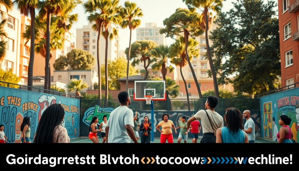 A vibrant basketball court nestled within a bustling community, filled with the energy of grassroots advocacy. The foreground features a diverse group of local residents engaged in a spirited game, their faces alight with determination. Colorful murals and artwork adorn the court's walls, reflecting the vibrant culture and identity of the neighborhood. Tall trees and buildings in the background create a sense of urban context, while natural lighting casts a warm glow over the scene, evoking a feeling of community and togetherness. The court serves as a hub for social interaction, physical activity, and the collective empowerment of the people who call this place home.
