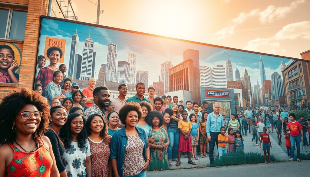 A vibrant mural in an urban setting, capturing the essence of grassroots advocacy success stories. In the foreground, a diverse group of community members stand united, their faces beaming with pride and determination. The middle ground showcases images of empowered individuals, each with a unique tale of positive change, their stories intertwined to form a tapestry of collective impact. The background depicts a lively cityscape, with towering buildings and bustling streets, symbolizing the broader societal transformation enabled by grassroots advocacy. The scene is illuminated by warm, golden sunlight, casting a hopeful glow and conveying a sense of triumph and celebration. The overall composition is dynamic and visually captivating, inviting the viewer to immerse themselves in the narratives of grassroots success.