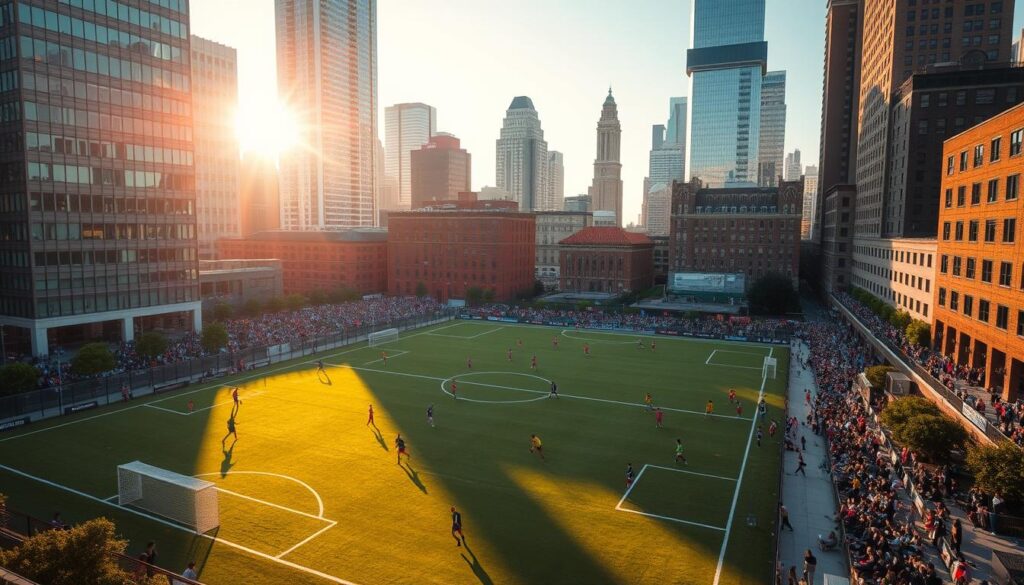 An expansive urban landscape with soccer fields nestled between towering skyscrapers. The fields are alive with dynamic gameplay, as athletes in brightly colored uniforms dart across the well-manicured turf. Warm afternoon sunlight filters through the surrounding buildings, casting long shadows and creating a sense of energy and movement. The architecture features a mix of modern glass and steel structures alongside older brick buildings, reflecting the diverse history and evolution of the community. Spectators line the sidelines, cheering passionately as the game unfolds. An inspiring example of how grassroots efforts can transform underutilized urban spaces into vibrant hubs of athletic and social activity.