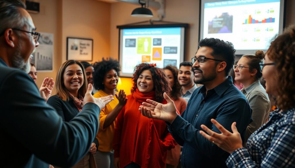 Storytelling in advocacy: a vibrant scene of engaged individuals passionately sharing personal narratives and data-driven insights. In the foreground, a diverse group gestures animatedly, faces alight with conviction. Midground, a projection screen displays impactful visualizations, while the background reveals a warm, collaborative workspace. Soft, directional lighting casts an inspirational glow, emphasizing the power of collective advocacy. The composition conveys a sense of dynamic discussion, strategic planning, and community empowerment - the tools for influencing policy and driving positive change.