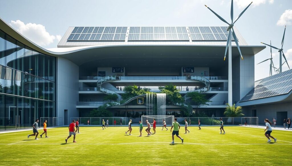 a striking architectural design of a sustainable sports facility, with a sleek and modern aesthetic that seamlessly integrates renewable energy features. in the foreground, a group of athletes engage in various sports activities on a state-of-the-art synthetic turf field, with natural lighting filtering in through a curved glass facade. the middle ground showcases a large, open-air atrium with lush greenery and a cascading water feature, creating a calming and rejuvenating atmosphere. in the background, solar panels on the roof and a wind turbine adjacent to the building harness clean energy, highlighting the facility's commitment to environmental sustainability. the overall scene conveys a sense of innovation, efficiency, and a harmonious blend of functionality and aesthetic appeal.