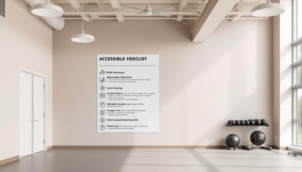 A clean, well-lit gym interior with an accessible design checklist prominently displayed on the wall. The checklist features a series of detailed icons and concise text outlining key accessibility considerations, such as wide doorways, adjustable equipment, tactile flooring, and clear signage. The scene has a modern, minimalist aesthetic with muted tones and clean lines, creating a calming and inviting atmosphere. Soft, diffused lighting from overhead fixtures illuminates the space, accentuating the accessibility features. The camera angle is slightly elevated, allowing the viewer to take in the full layout and design elements of the accessible gym. A clean, well-lit gym interior with an accessible design checklist prominently displayed on the wall. The checklist features a series of detailed icons and concise text outlining key accessibility considerations, such as wide doorways, adjustable equipment, tactile flooring, and clear signage. The scene has a modern, minimalist aesthetic with muted tones and clean lines, creating a calming and inviting atmosphere. Soft, diffused lighting from overhead fixtures illuminates the space, accentuating the accessibility features. The camera angle is slightly elevated, allowing the viewer to take in the full layout and design elements of the accessible gym.