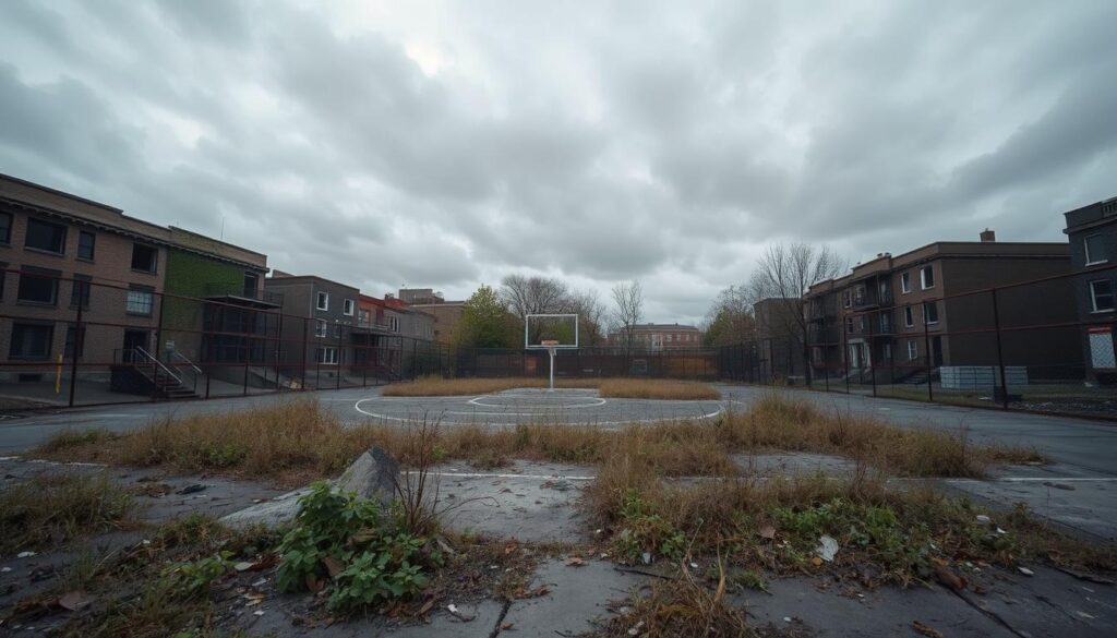 A dilapidated, poorly maintained sports facility in a neglected urban neighborhood. Crumbling concrete, rusted fences, and weeds overgrowing the field. The surrounding area is visibly impoverished, with boarded-up buildings and litter on the streets. A sense of abandonment and lack of investment pervades the scene. Overhead, the sky is gray and gloomy, casting a somber mood. The facility stands in stark contrast to the well-equipped, modern sports complexes in affluent suburbs. This image symbolizes the systemic disparities in resources and opportunities that perpetuate racial and socioeconomic divides in sports.