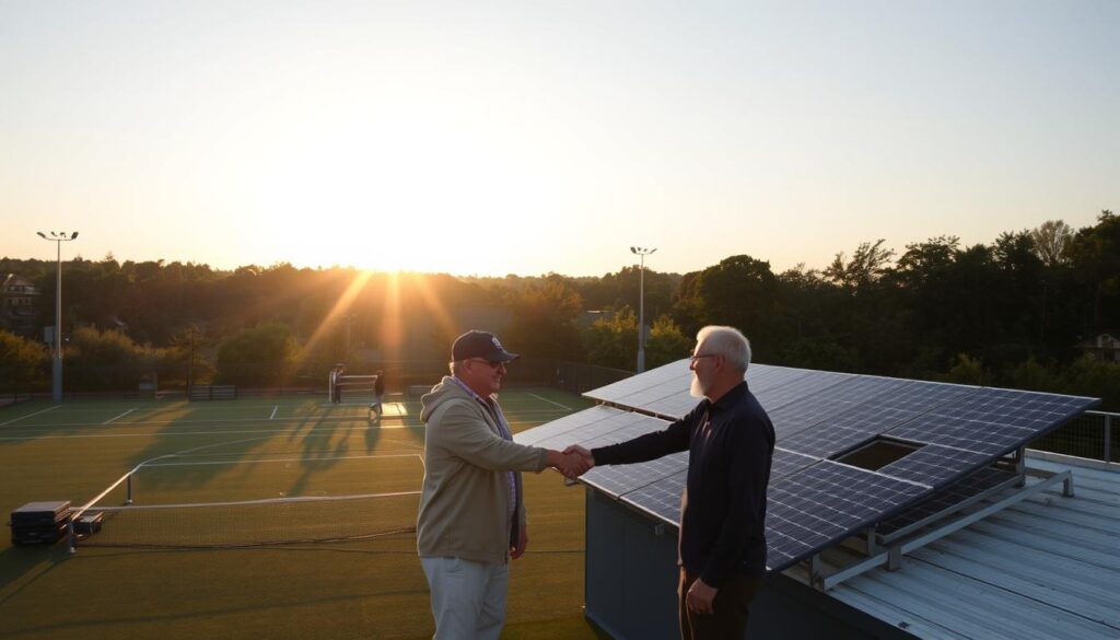 A serene outdoor sports facility, bathed in golden afternoon light. In the foreground, a group of community leaders shake hands, signifying a funding partnership to implement climate-friendly upgrades. The middle ground showcases solar panels on the facility's rooftop, powering the complex. In the background, lush greenery and a cloudless sky create a sense of environmental harmony. The scene conveys a forward-thinking vision, where sustainable infrastructure and collaborative funding empower local sports facilities to lead the charge in community climate action.