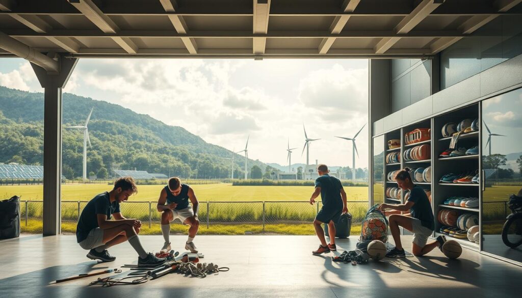 A serene, well-lit scene showcasing the lifecycle of sustainable sports equipment. In the foreground, a group of athletes carefully maintaining and repairing their gear, using eco-friendly tools and techniques. In the middle ground, a storage facility with neatly organized shelves of refurbished and repurposed equipment, ready for the next generation of players. In the background, a verdant landscape with solar panels and wind turbines, hinting at the renewable energy powering this sustainable sports complex. The overall atmosphere conveys a sense of responsibility, innovation, and a deep commitment to environmental stewardship.