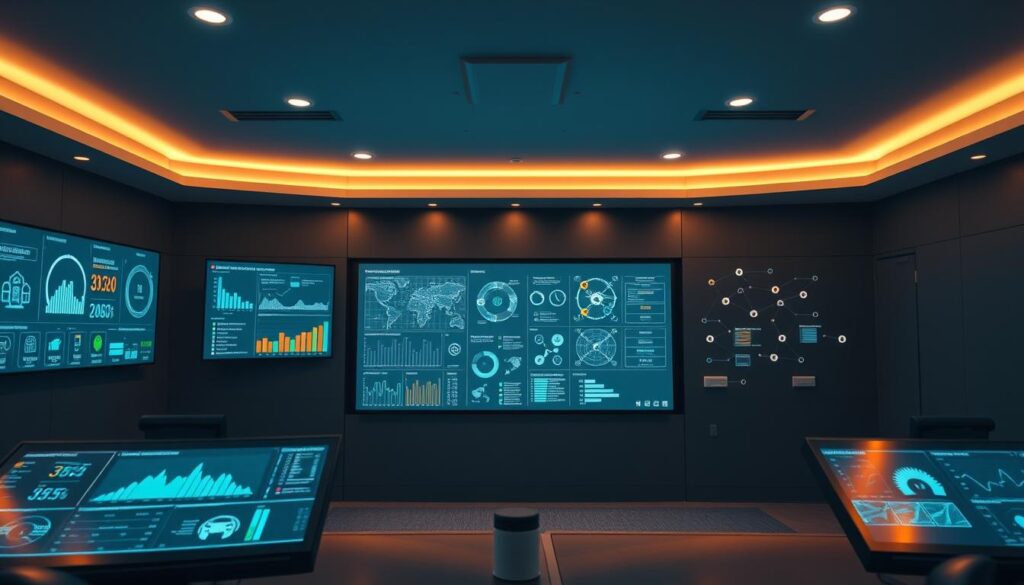 A sleek, modern facility management control room with an array of smart sensors and digital displays. In the foreground, a series of touch panels and holographic interfaces showcase real-time data analytics on energy usage, occupancy levels, and environmental conditions. The middle ground features a large, curved display wall presenting detailed schematics and predictive maintenance reports. In the background, a network of miniature IoT sensors and cameras are discreetly embedded into the walls and ceiling, blending seamlessly with the minimalist, industrial-chic aesthetic. Warm, indirect lighting casts a soft glow, creating a sense of technological sophistication and efficiency. The overall atmosphere conveys a level of intelligent automation and data-driven decision-making that enables proactive facility management.