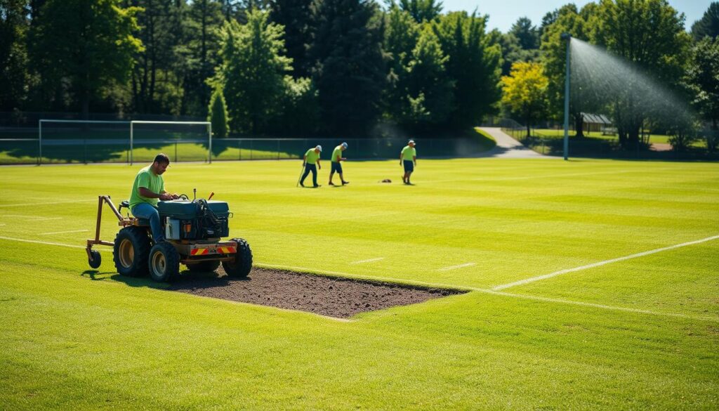 A sun-dappled sports field, its lush green grass immaculately maintained. In the foreground, a groundskeeper diligently aerates the soil with a specialized machine, ensuring optimal drainage and nutrient absorption. In the middle ground, a team of workers carefully patch a damaged section of the playing surface, blending the new sod seamlessly with the existing turf. In the background, a state-of-the-art sprinkler system delivers a gentle mist, keeping the grass hydrated and vibrant. The scene conveys a sense of meticulous care and attention to detail, befitting the demands of high-performance athletic activities.
