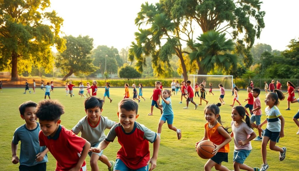 A vibrant afterschool sports field, filled with a diverse group of children engaged in a variety of activities. In the foreground, a group of young boys and girls enthusiastically playing basketball, their faces animated with joy and camaraderie. In the middle ground, a group of children participating in a soccer game, their movements fluid and coordinated. In the background, a lush green landscape with towering trees provides a serene and inviting backdrop. The scene is bathed in warm, golden-hour lighting, casting a soft, inclusive glow over the entire community. The overall atmosphere conveys a sense of belonging, equity, and the transformative power of sports in shaping young lives.