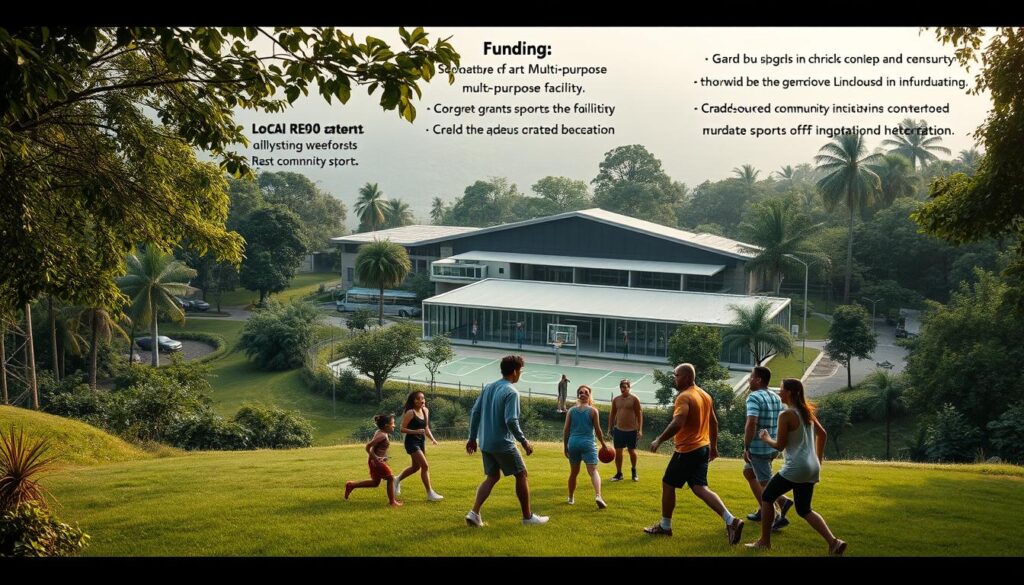 A vibrant community sports complex nestled in a lush, verdant landscape. In the foreground, a group of enthusiastic locals engage in a spirited game of pickup basketball, their energy and camaraderie palpable. The middle ground features a state-of-the-art multi-purpose sports facility, its sleek, modern architecture blending seamlessly with the natural surroundings. In the background, a diverse array of funding sources are represented, from local government grants to crowd-sourced community initiatives, all coming together to support this thriving hub of grassroots sports and recreation. Soft, warm lighting bathes the scene, conveying a sense of inclusivity and community investment.
