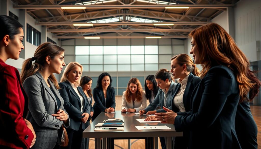 A vibrant scene of women in diverse sports leadership roles, captured in a dynamic, cinematic style. In the foreground, a group of confident, determined women in business attire engage in a lively discussion, their body language conveying a sense of empowerment and collaboration. In the middle ground, a diverse team of sports coaches and administrators strategize over a table, their faces illuminated by warm, directional lighting that casts subtle shadows, creating depth and a sense of purpose. In the background, a modern, airy sports facility with sleek, minimalist architecture serves as the setting, conveying a sense of progress and innovation in the field of sports leadership development.