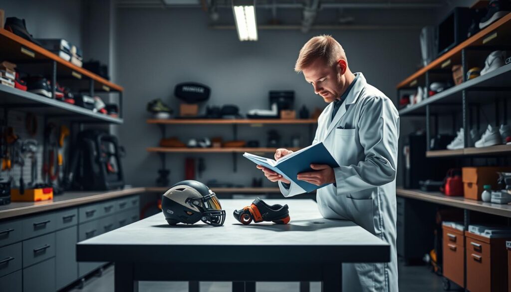 A well-lit workshop interior, with an inspection table at the center. Various tools and equipment neatly arranged on shelves lining the walls. A technician in a crisp, white lab coat carefully examining a piece of sports gear, meticulously documenting findings in a clipboard. Bright, focused lighting casts long shadows, creating a sense of purpose and attention to detail. The atmosphere is one of diligent professionalism, underscoring the importance of rigorous safety protocols.