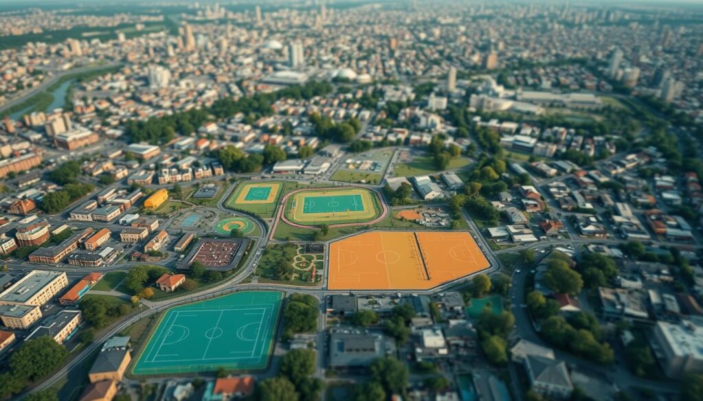 A detailed heat map depicting community sports facilities, highlighting equity and access across a diverse urban landscape. The foreground displays vibrant athletic complexes, playgrounds, and recreational centers, each represented by color-coded markers denoting their state of development and inclusivity. The middle ground features a grid-like overlay of shaded regions, with darker hues indicating areas of limited access and underserved populations. In the background, a softly blurred cityscape provides context, emphasizing the importance of equitable distribution of sports resources for the betterment of marginalized youth. Captured with a wide-angle lens, the image conveys a sense of scale and the interconnectedness of the community, promoting the notion of equal opportunities for all.