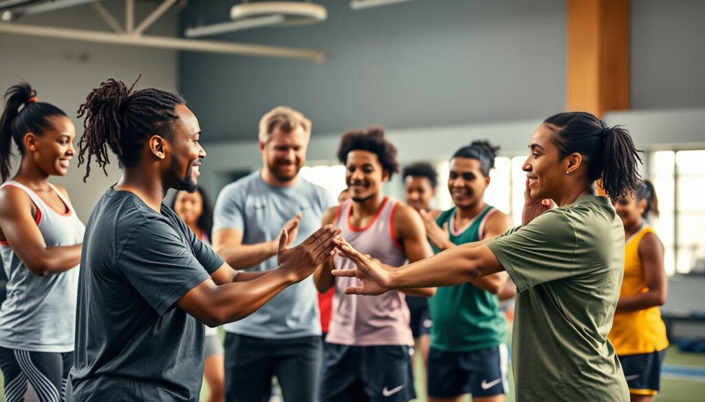A diverse group of athletes and coaches engaged in a lively, inclusive training session. In the foreground, a pair of coaches from different backgrounds demonstrate a collaborative exercise, guiding their team through dynamic movements with warmth and encouragement. In the middle ground, the players enthusiastically mirror the coaches' actions, their expressions filled with focus and determination. The background features a modern, well-equipped sports facility bathed in soft, natural lighting, creating an atmosphere of unity, trust, and mutual growth.