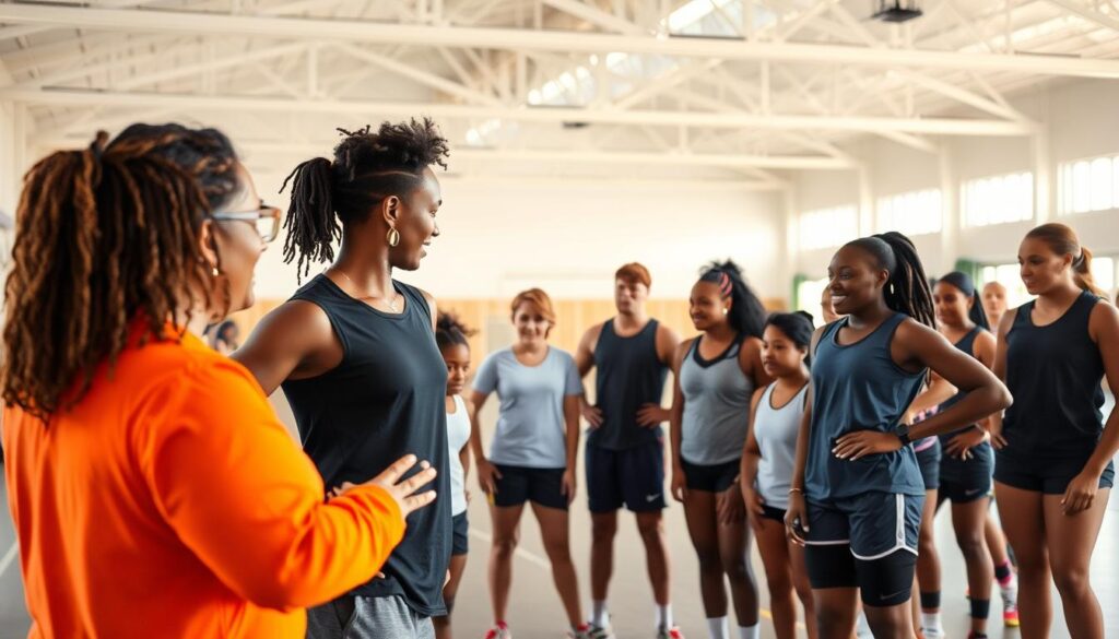 A diverse group of athletes and coaches gathered in a bright, inclusive sports facility. In the foreground, a coach with a supportive, encouraging demeanor demonstrates a training exercise to a mixed-gender team. The middle ground features athletes of various ages, races, and abilities engaged in collaborative drills, their expressions conveying a sense of camaraderie and mutual respect. The background showcases an open, airy space with ample natural lighting, inspiring positive energy and a welcoming atmosphere. The scene exudes an atmosphere of inclusivity, empowerment, and a shared passion for the sport.