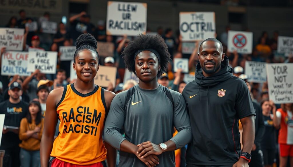 A diverse group of athletes and coaches standing together, united against racism in sports. In the foreground, three people of different races and genders lock arms, their faces determined and resolute. Behind them, a crowd of supporters holds up signs and banners with slogans promoting equality and inclusion. The scene is bathed in warm, inclusive lighting, conveying a sense of solidarity and empowerment. In the background, a stadium or sports facility suggests the context of athletic competition, where bias and microaggressions must be addressed head-on. The overall atmosphere is one of collective action, strength, and a commitment to creating a more just and equitable playing field for all.