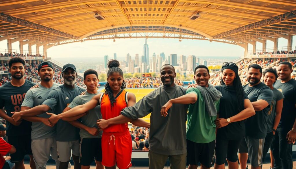 A diverse group of athletes, coaches, and community leaders stand united, linking arms in a powerful display of anti-racism solidarity. The foreground features their determined expressions, conveying a sense of collective purpose. In the middle ground, they are situated within a vibrant, sun-dappled sports arena, surrounded by cheering fans. The background depicts a panoramic view of the city skyline, symbolizing the broader societal impact of their collaborative efforts. Warm, diffused lighting casts a hopeful glow, while a wide-angle lens captures the expansive scale of this inclusive, grassroots movement.