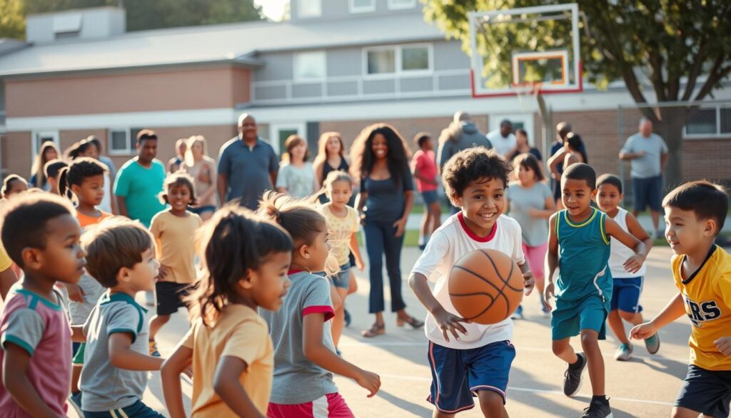 A diverse group of children and parents engaged in a vibrant afterschool sports program. In the foreground, a mix of children from different backgrounds - some in sports uniforms, others in casual attire - enthusiastically participate in a lively game of basketball on an outdoor court. In the middle ground, parents and guardians cheer from the sidelines, some assisting the younger players. The background features a community center or school building, with a warm, golden-hour lighting casting a welcoming glow over the scene. The overall atmosphere conveys a sense of inclusivity, community, and equal opportunity, where all children have access to the benefits of organized sports.