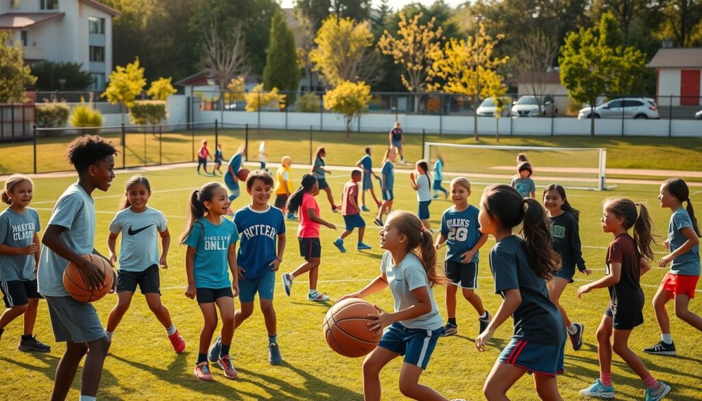 A diverse group of children and teens engaged in a variety of afterschool sports activities on a well-lit, vibrant community field. In the foreground, a group of young athletes from different backgrounds play basketball, their laughter and enthusiasm palpable. In the middle ground, others practice drills or play informal matches of soccer and volleyball. The background shows a modern, inclusive sports facility with ample green space and accessible equipment, conveying a sense of equal opportunity and community support. Warm, natural lighting creates a welcoming atmosphere, and the overall scene radiates a spirit of inclusivity, teamwork, and joyful physical activity.