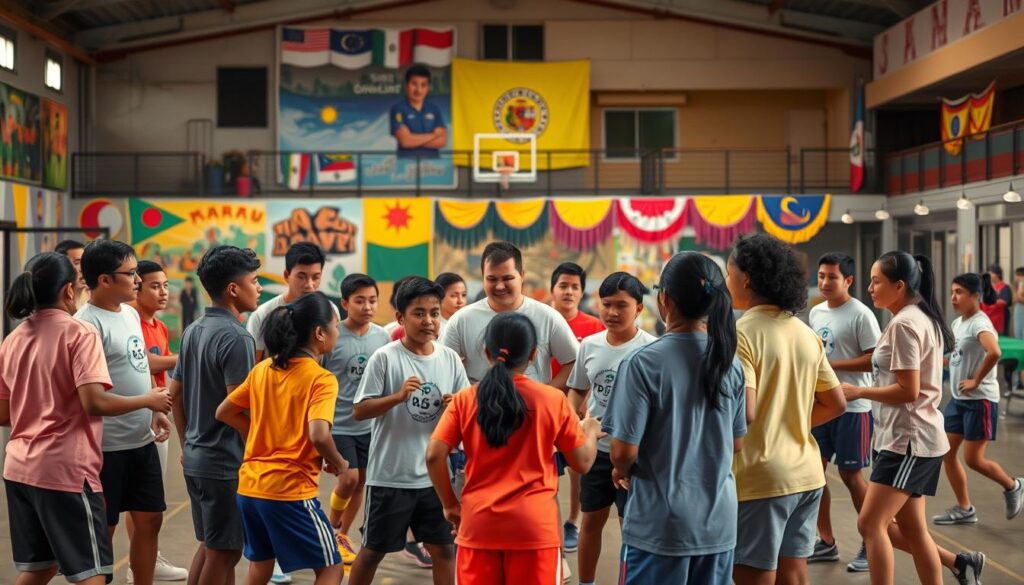 A diverse group of youth athletes and coaches engaged in a dynamic sports training session, set against a backdrop of vibrant cultural symbols and community gathering spaces. The foreground features individuals of varying ages, ethnicities, and abilities, demonstrating inclusive teamwork and leadership. Warm lighting illuminates the scene, capturing a sense of shared purpose and empowerment. The middle ground showcases colorful murals, flags, and banners that celebrate the community's cultural heritage. In the background, a blend of modern and traditional architectural elements creates a welcoming and accessible environment for the sports program. A diverse group of youth athletes and coaches engaged in a dynamic sports training session, set against a backdrop of vibrant cultural symbols and community gathering spaces. The foreground features individuals of varying ages, ethnicities, and abilities, demonstrating inclusive teamwork and leadership. Warm lighting illuminates the scene, capturing a sense of shared purpose and empowerment. The middle ground showcases colorful murals, flags, and banners that celebrate the community's cultural heritage. In the background, a blend of modern and traditional architectural elements creates a welcoming and accessible environment for the sports program.