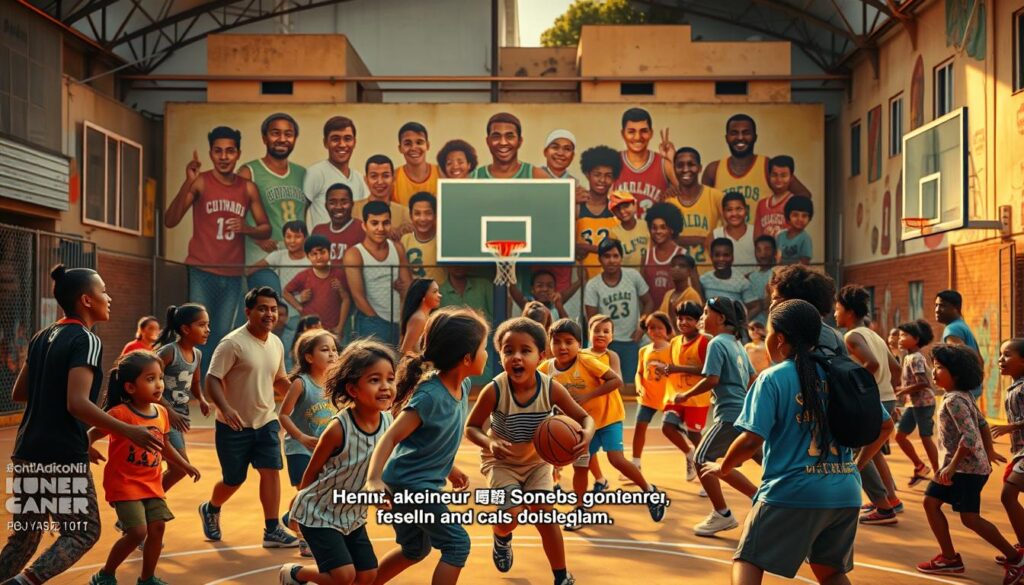 A lively sports court in a vibrant, low-income neighborhood. In the foreground, a diverse group of children and their parents engage in a dynamic basketball game, their expressions animated with joy and camaraderie. The middle ground features a large screen displaying multilingual captions, making the game accessible to all. In the background, a mural depicting celebrated athletes from various backgrounds adorns the court's walls, inspiring the participants. The scene is bathed in warm, golden lighting, creating a welcoming and inclusive atmosphere.