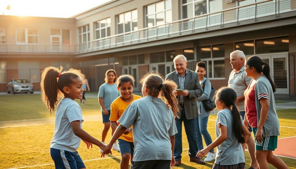 A serene schoolyard scene showcases diverse students and community leaders engaged in a lively sports partnership. In the foreground, young athletes enthusiastically participate in a cooperative game, their faces alight with joy. In the middle ground, administrators and parents converse animatedly, discussing funding strategies to support the school's athletic programs. The background features a well-equipped sports facility, bathed in warm, golden light filtering through large windows. The overall atmosphere conveys a sense of unity, collaboration, and a shared commitment to empowering youth through sports.
