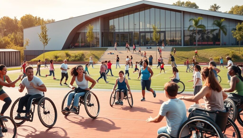 A vibrant and accessible sports facility, showcasing a diverse range of physical activities. In the foreground, a group of people with various disabilities engage in a lively game of wheelchair basketball, their faces filled with determination and joy. The middle ground features a multi-purpose field with individuals of all ages and abilities participating in a range of activities, from adaptive yoga to inclusive track and field events. The background reveals a sleek, modern building with an open, welcoming entrance, surrounded by lush greenery and a well-maintained outdoor recreational area. The scene is bathed in warm, natural lighting, creating a sense of inclusivity, community, and empowerment.