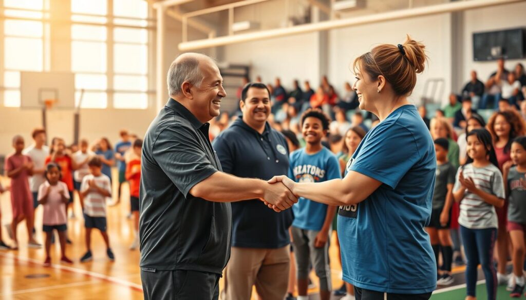 A vibrant photograph showcasing successful sports partnership models. In the foreground, two coaches, one male and one female, shake hands against a backdrop of a diverse group of young athletes engaged in various sports activities. The middle ground features parents and community members cheering enthusiastically, creating an atmosphere of inclusivity and collaboration. The background depicts a well-equipped sports facility, with modern equipment and infrastructure, symbolizing the support and resources available for these partnerships. The lighting is warm and natural, accentuating the positive energy and sense of unity. The image is captured from a slightly elevated angle, allowing the viewer to appreciate the collaborative nature of the scene. A vibrant photograph showcasing successful sports partnership models. In the foreground, two coaches, one male and one female, shake hands against a backdrop of a diverse group of young athletes engaged in various sports activities. The middle ground features parents and community members cheering enthusiastically, creating an atmosphere of inclusivity and collaboration. The background depicts a well-equipped sports facility, with modern equipment and infrastructure, symbolizing the support and resources available for these partnerships. The lighting is warm and natural, accentuating the positive energy and sense of unity. The image is captured from a slightly elevated angle, allowing the viewer to appreciate the collaborative nature of the scene.
