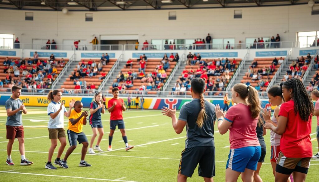 A vibrant sports field with diverse athletes engaged in various inclusive activities. In the foreground, a group of players of different ages, genders, and abilities collaborate on a team sport, communicating with sign language and inclusive language. In the middle ground, fans and spectators of all backgrounds cheer them on from the bleachers, creating a welcoming atmosphere. The background features an accessible stadium with ramps, tactile signage, and ample lighting, symbolizing a space designed for true inclusion and accessibility. The scene is bathed in warm, natural lighting, conveying a sense of community, unity, and joy.