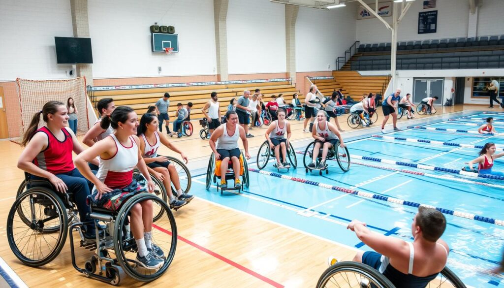 A diverse group of athletes with varying abilities engaged in a range of sports activities - wheelchair basketball, goalball, athletics, and swimming. The scene is captured in a bright, well-lit gymnasium with modern equipment and facilities. The athletes display a range of emotions, from focused determination to joyful camaraderie, as they compete and support one another. The overall atmosphere conveys a sense of inclusion, empowerment, and a celebration of the athletes' unique capabilities. The image is captured from a slightly elevated angle, providing a comprehensive view of the inclusive sports environment.