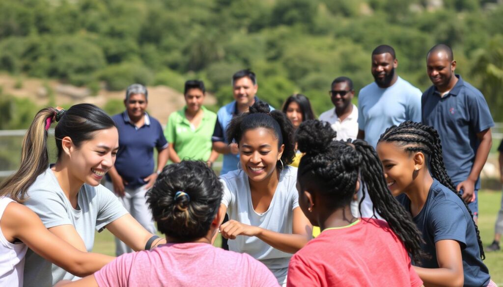 A diverse group of people from various cultural backgrounds leading a collaborative sports activity in a well-lit, vibrant outdoor setting. In the foreground, a team of athletes from different ethnicities and ages engage in a dynamic game or training session, their expressions reflecting teamwork and mutual understanding. In the middle ground, supportive coaches and community members observe, offering guidance and encouragement. The background features a scenic landscape with lush greenery, creating a welcoming, inclusive atmosphere that celebrates cultural diversity and the power of sports to bring people together.